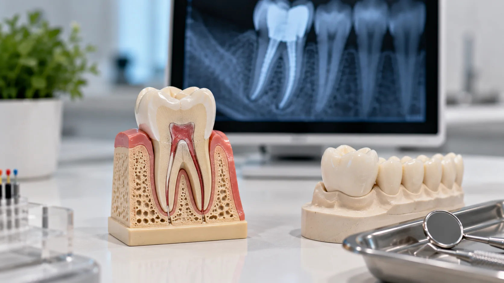dinte tratat endodontic protejat printr-o coroana dentara la clinica dentetico brasov